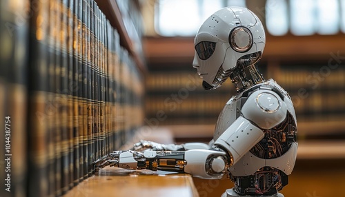 A White Robot Reaches for Books on a Shelf photo