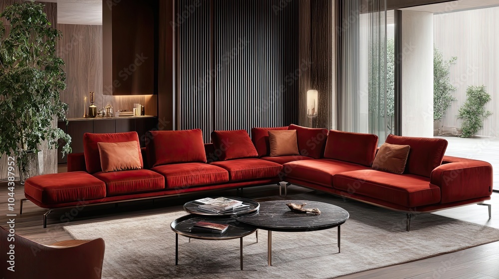 Red Velvet Sectional Sofa with Coffee Tables in Modern Living Room Red Velvet Sectional Sofa with Coffee Tables in Modern Living Room