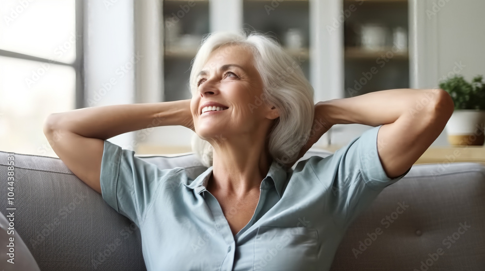 An over-the-shoulder shot of an older woman sitting on the couch, smiling and relaxing with her arms behind her head in a frontal view. An over-the-shoulder shot of an older woman sitting on the couch, smiling and relaxing with her arms behind her head in a frontal view.
