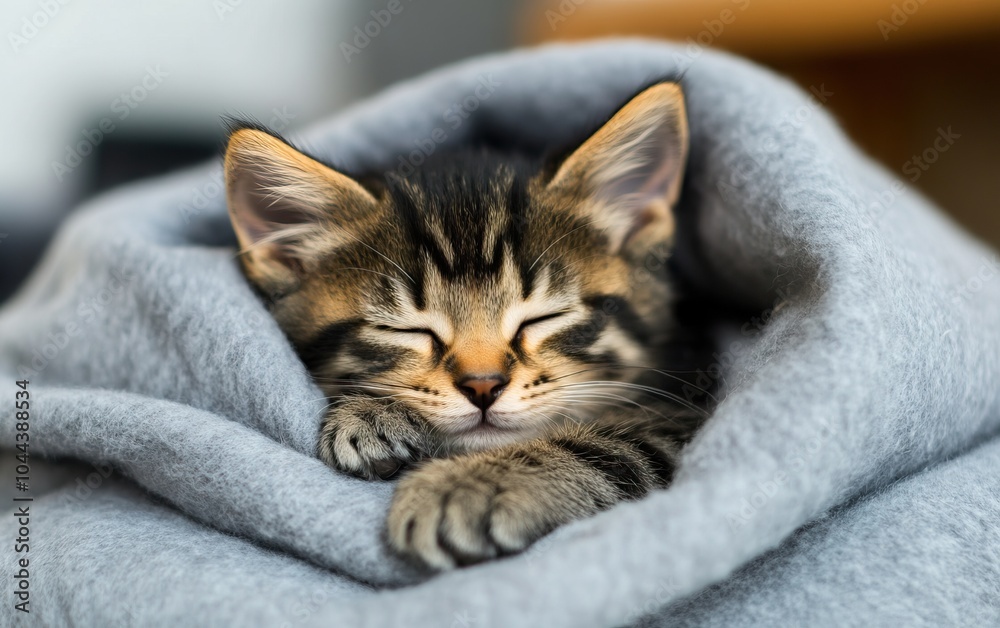 A cozy kitten sleeping peacefully wrapped in a soft blanket. A cozy kitten sleeping peacefully wrapped in a soft blanket.