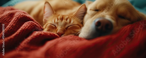 A cozy cat and dog sleeping together on a soft blanket, showcasing their friendship and warmth. photo