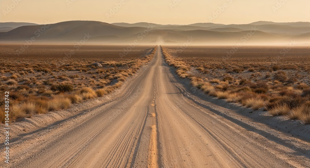 A dusty road leading through a desolate landscape with distant hills background inviting imagery evoking a sense of adventure and discovery A dusty road leading through a desolate landscape with distant hills background inviting imagery evoking a sense of adventure and discovery