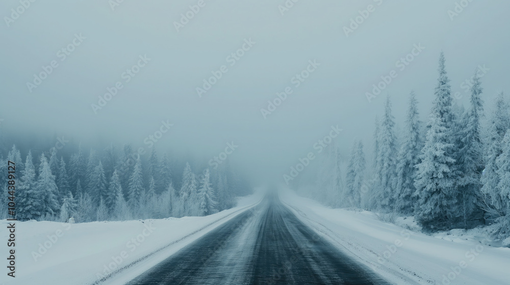Long empty winter highway.Minimalistic monochrome image to convey a sense of loneliness and open space,desktop background,travel-themed projects or create a sense of adventure. Long empty winter highway.Minimalistic monochrome image to convey a sense of loneliness and open space,desktop background,travel-themed projects or create a sense of adventure.
