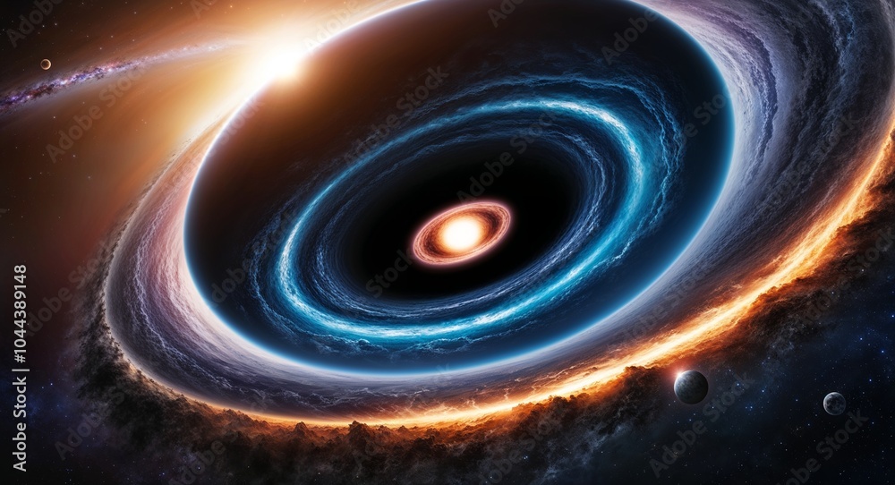 Black hole distorting space and light around it creating a cosmic whirlpool background mysterious forces at play challenging our understanding of physics Black hole distorting space and light around it creating a cosmic whirlpool background mysterious forces at play challenging our understanding of physics