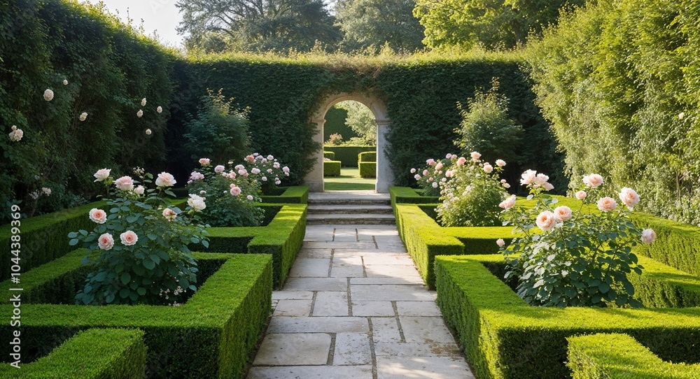 Fototapeta premium Classic English garden with hedges roses and stone pathways background timeless elegance showcasing the artistry of landscape design