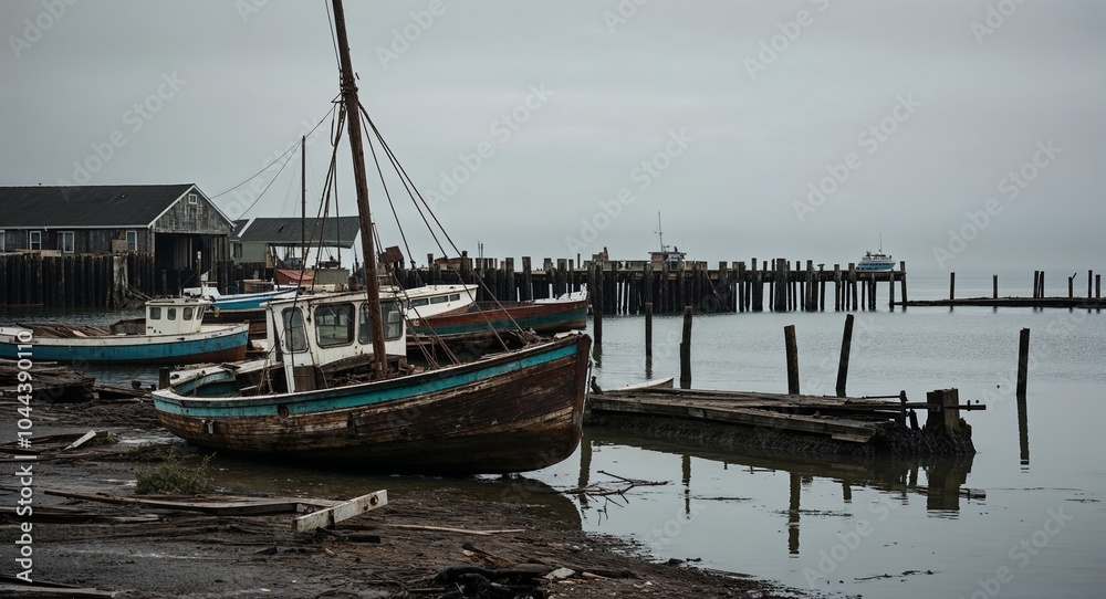 Desolate waterfront with rotting boats and eroded docks background remnants of maritime life fading into the past beneath nature relentless touch Desolate waterfront with rotting boats and eroded docks background remnants of maritime life fading into the past beneath nature relentless touch