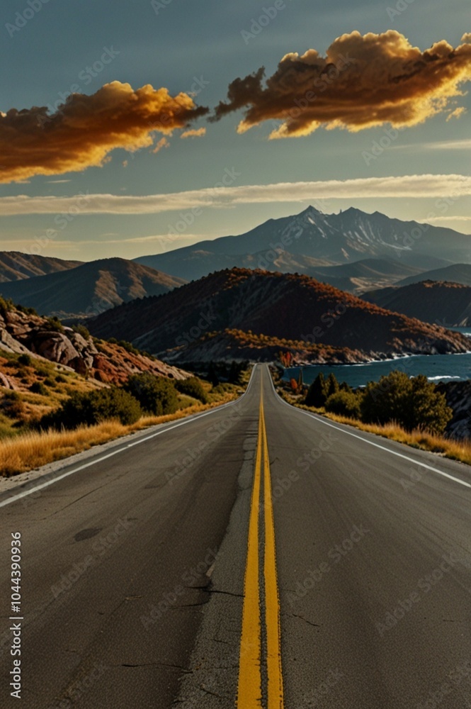 Naklejka premium a long road with a yellow line in the middle, hill forest ocean inside the road