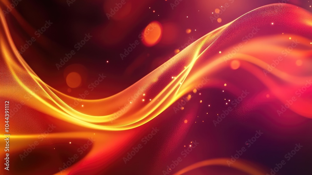 Abstract Red and Gold Wave with Glowing Particles