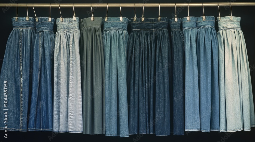 Variety of Denim Skirts Hung for Display Variety of Denim Skirts Hung for Display