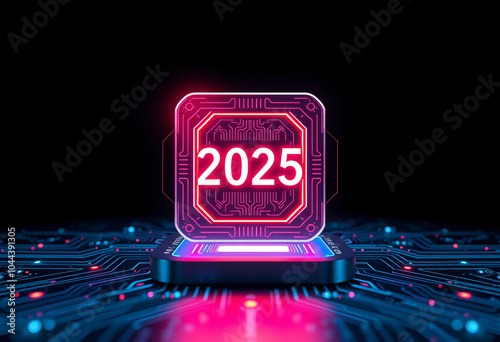 A computer chip with the number 2025 on it. The image is a red neon