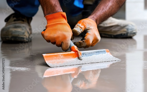 Worker smoothing concrete floor with trowel, wearing orange gloves, close-up action shot. photo