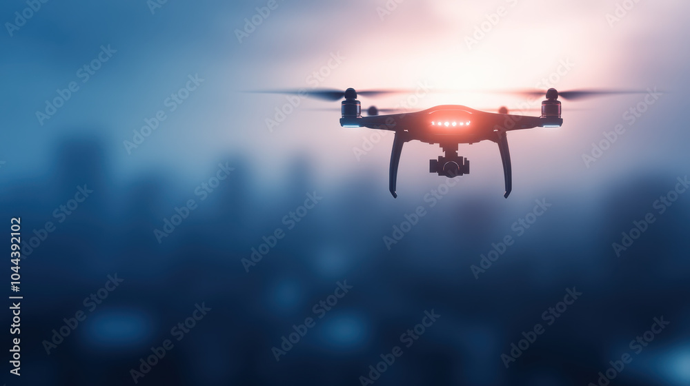 Naklejka premium drone hovers in sky, capturing stunning aerial views of cityscape. futuristic design and glowing lights create captivating scene, showcasing technology in action