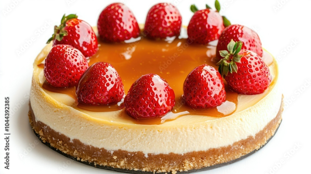 Delicious cheesecake topped with fresh strawberries and caramel sauce, perfect for any dessert lover or special occasion. Delicious cheesecake topped with fresh strawberries and caramel sauce, perfect for any dessert lover or special occasion.