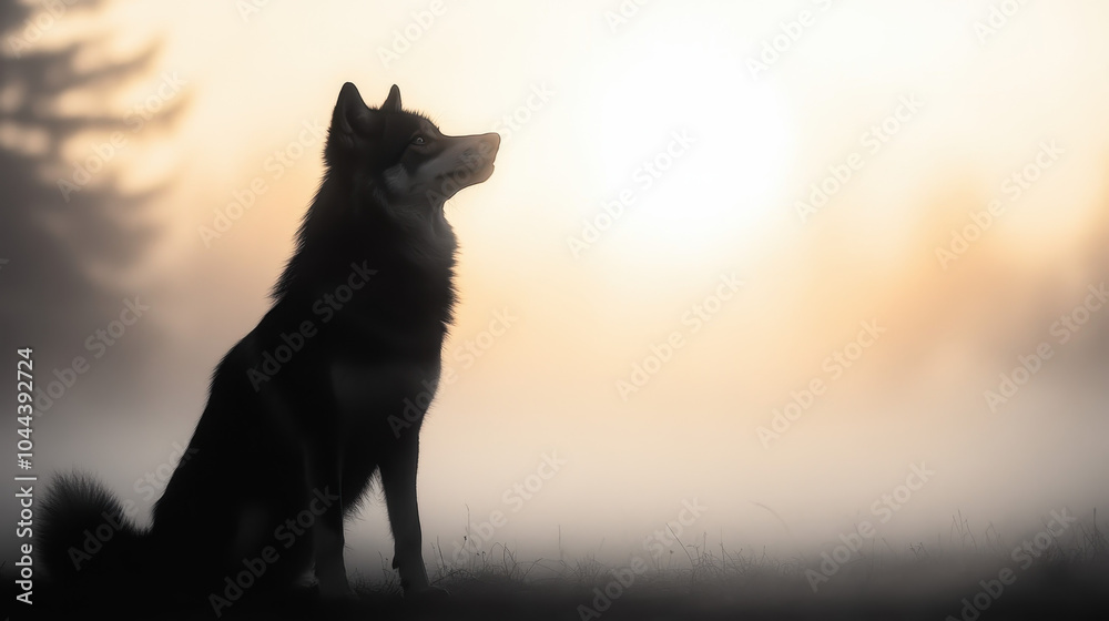 silhouette of dog gazing at sunrise, surrounded by misty landscape, evokes sense of tranquility and wonder. soft light enhances serene atmosphere silhouette of dog gazing at sunrise, surrounded by misty landscape, evokes sense of tranquility and wonder. soft light enhances serene atmosphere