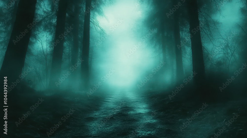Naklejka premium mysterious forest shrouded in fog, with tall trees creating eerie atmosphere. path ahead is obscured, inviting curiosity and sense of adventure