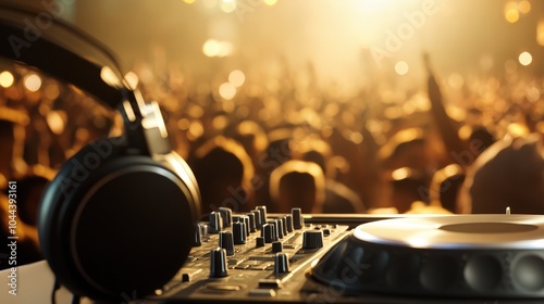 DJ Mixer With Headphones And Crowd In Background.