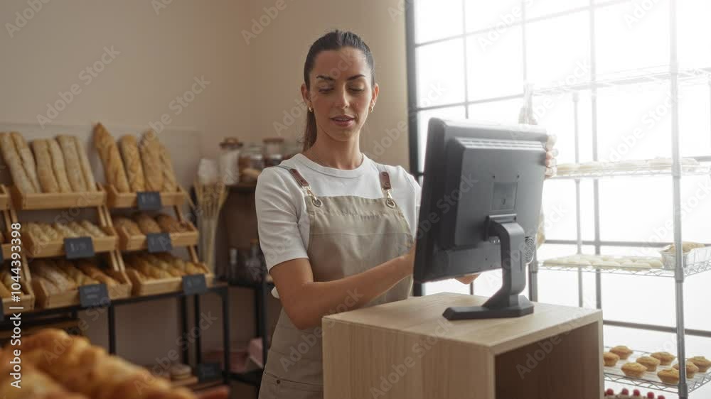 Young woman working at a bakery using a point-of-sale system inside an indoor shop with shelves of bread in the background