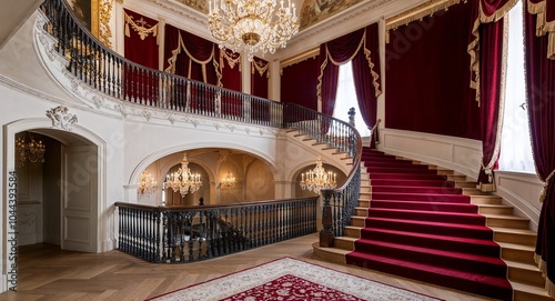 Grand staircase leading to an upper gallery adorned with velvet drapes background luxurious design enhancing the elegant architecture of the castle