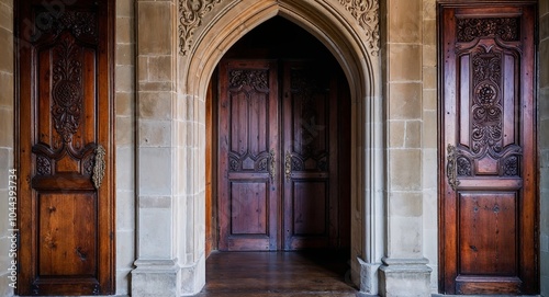 Heavy wooden doors adorned with intricate carvings leading to a secret chamber background mysterious allure inviting exploration of hidden spaces within the castle