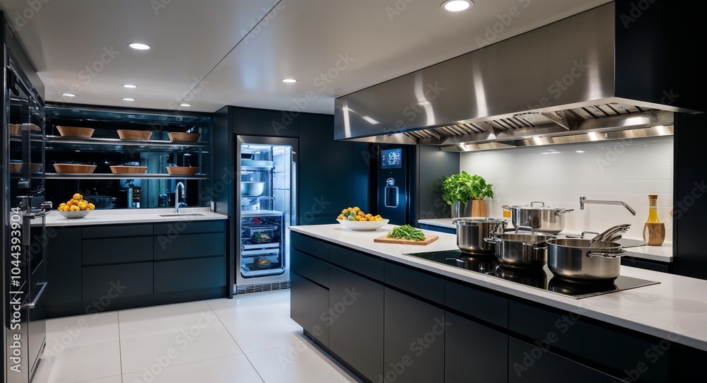 Intelligent kitchen with automated cooking systems and smart appliances background efficient culinary space adapting to crew preferences and nutritional needs Intelligent kitchen with automated cooking systems and smart appliances background efficient culinary space adapting to crew preferences and nutritional needs