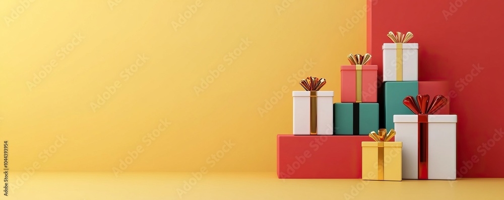 Colorful gift boxes stacked on a vibrant background, perfect for celebrations and special occasions. Colorful gift boxes stacked on a vibrant background, perfect for celebrations and special occasions.