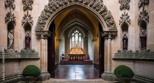 Intricate stone carvings lining the entrance to a sacred chapel background adding spiritual beauty to the regal atmosphere within the castle walls