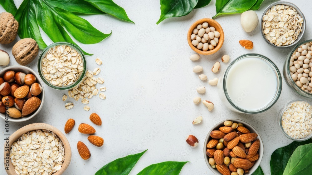 custom made wallpaper toronto digitalFlat lay of vegan plant-based milk and its ingredients including nuts oats and soy displayed on a clean surface