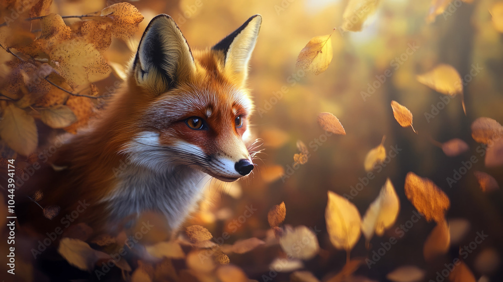 A close-up of a red fox amidst falling autumn leaves, radiating warmth and tranquility. A close-up of a red fox amidst falling autumn leaves, radiating warmth and tranquility.