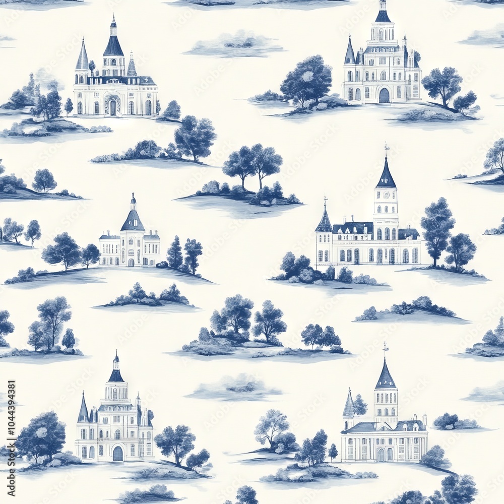 Obraz premium A decorative pattern featuring blue-and-white illustrations of castles and landscapes.