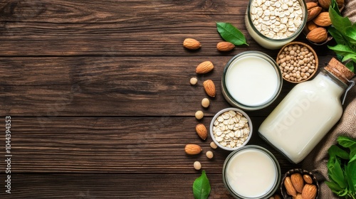 Top view of various vegan plant-based milk in glass bottles with almonds oats and soybeans on a rustic table photo