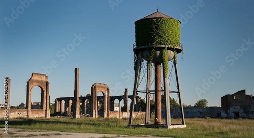 Old water tower covered in ivy standing sentinel over the ruins background steadfast reminder of a once bustling city now left behind photo