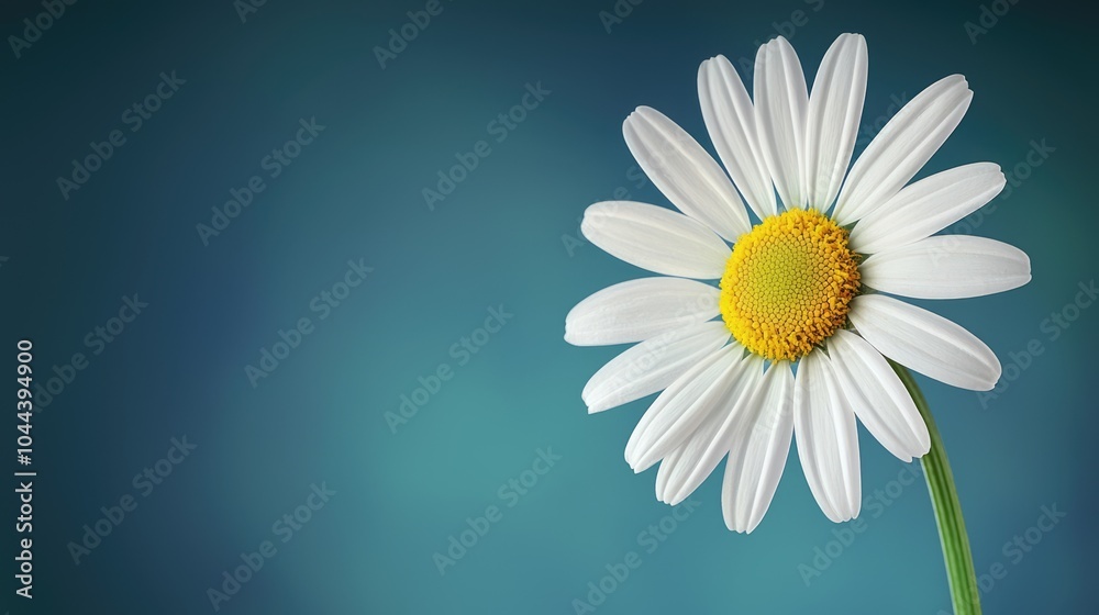 Obraz premium A close-up of a daisy against a soft, blurred blue background, showcasing its white petals and vibrant yellow center.