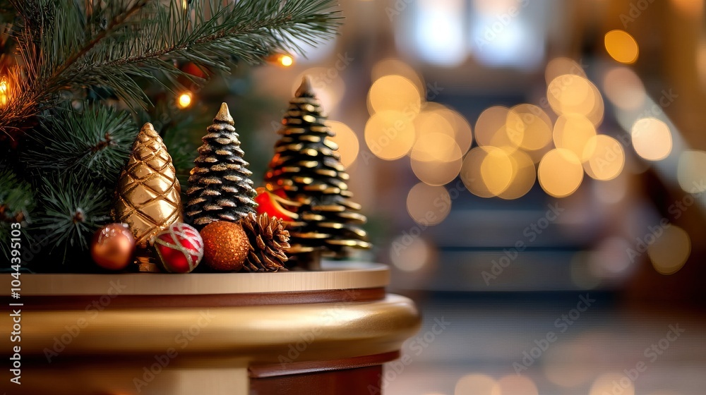 Festive decorations featuring golden ornaments and pinecones with Christmas trees against a blurred background. Festive decorations featuring golden ornaments and pinecones with Christmas trees against a blurred background.