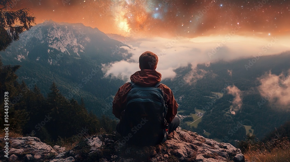 Hiker Contemplating the Milky Way Over a Mountainous Landscape Hiker Contemplating the Milky Way Over a Mountainous Landscape