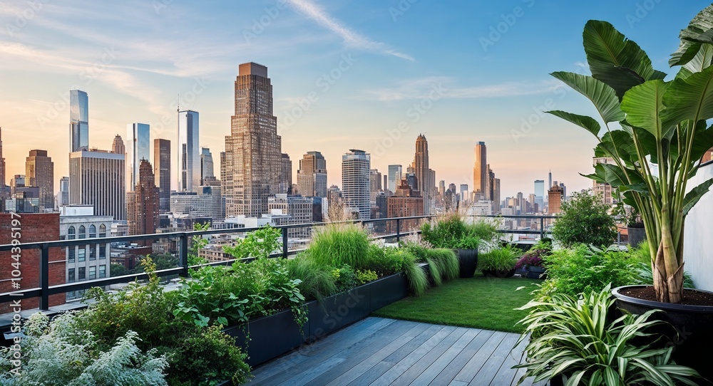 Fototapeta premium Rooftop garden with lush plants and city skyline view background urban oasis merging nature and city life in harmonious balance