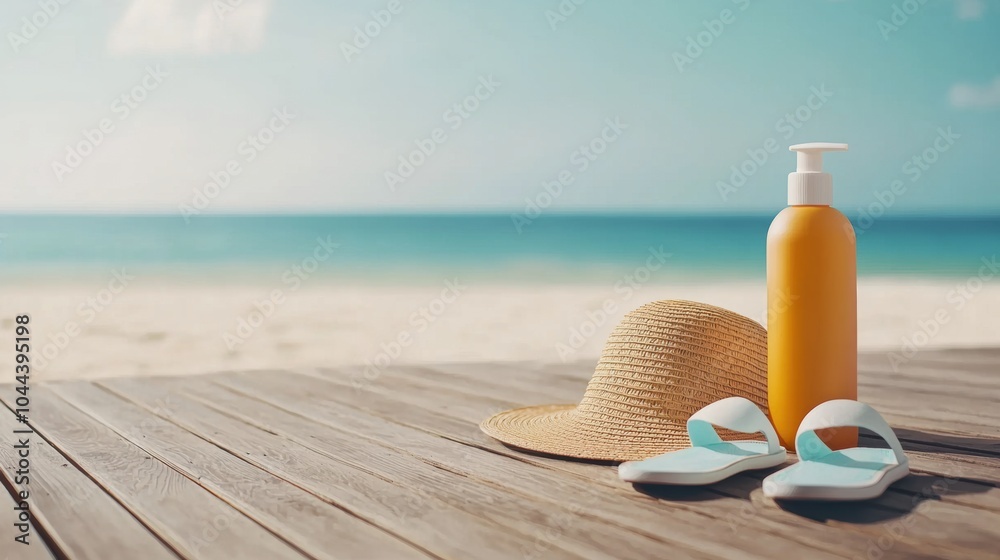 Close-up of a stylish sun hat paired with a bottle of sunscreen and flip-flops on a wooden beach deck Close-up of a stylish sun hat paired with a bottle of sunscreen and flip-flops on a wooden beach deck