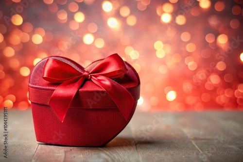 Red heart shaped gift box with bow on bokeh background