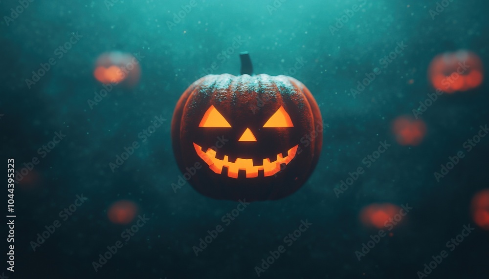 Glowing Halloween pumpkin lantern floating in a dark, misty underwater setting. Glowing Halloween pumpkin lantern floating in a dark, misty underwater setting.