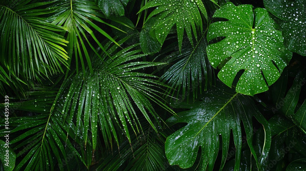 Obraz premium Lush Tropical Rainforest Leaves with Water Droplets