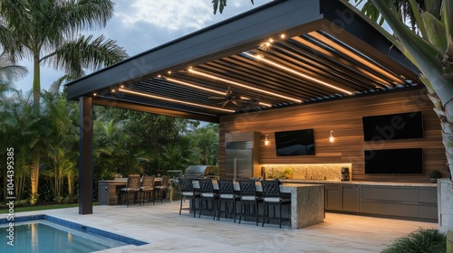 Modern outdoor kitchen and dining area with poolside seating and lush landscaping.