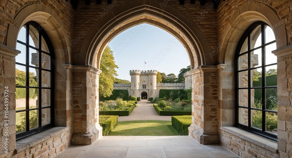 Stone arches framing large windows overlooking a serene garden background picturesque view blending nature with the regal atmosphere of the castle Stone arches framing large windows overlooking a serene garden background picturesque view blending nature with the regal atmosphere of the castle