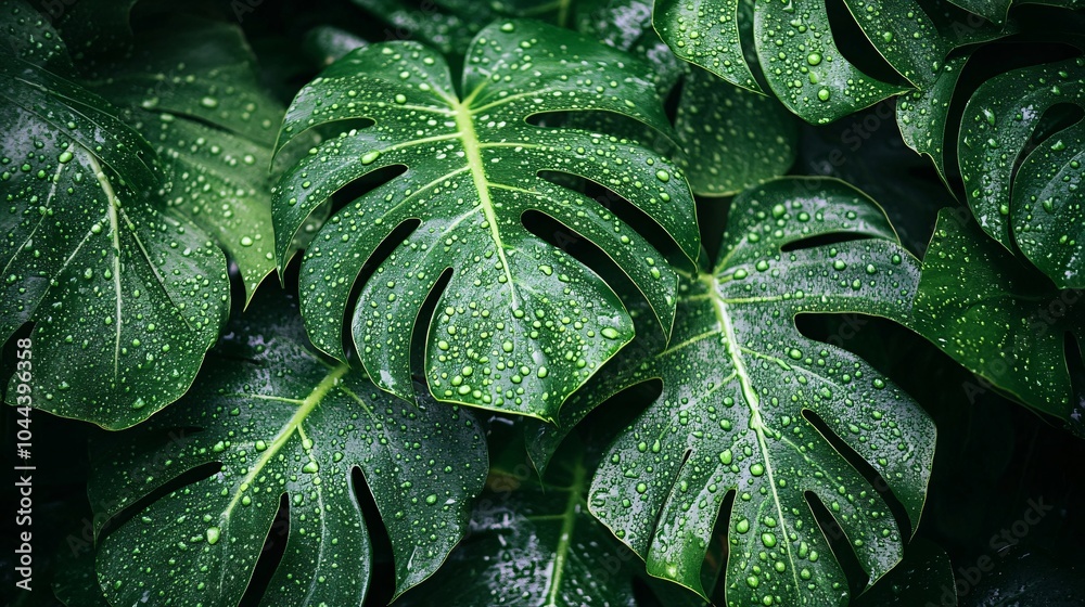 Lush Green Monstera Leaves with Raindrops Lush Green Monstera Leaves with Raindrops