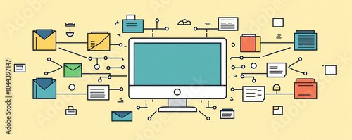 A computer monitor with many icons and a lot of wires. The image is about technology and the idea is that the computer is a hub for all sorts of information and communication