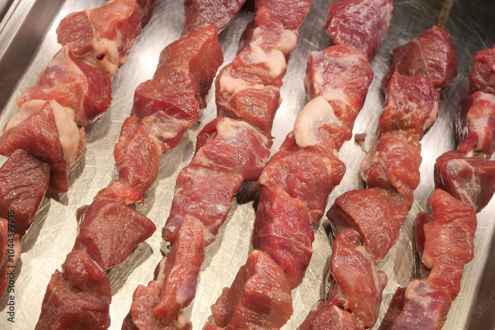 Delicious Raw Meat Skewers Prepared and Ready for Grilling to Perfection and Enjoyment Delicious Raw Meat Skewers Prepared and Ready for Grilling to Perfection and Enjoyment