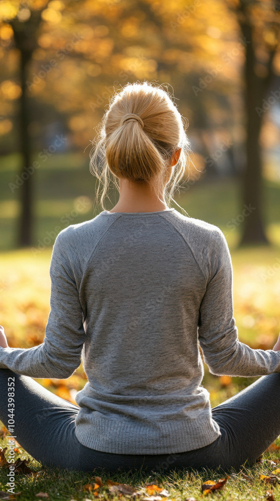 Obraz premium A woman is sitting in a park, wearing a gray sweater and gray pants. She is meditating and she is in a peaceful and calm state
