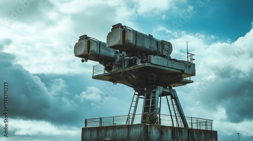 A large industrial structure resembling radar equipment against a cloudy sky.