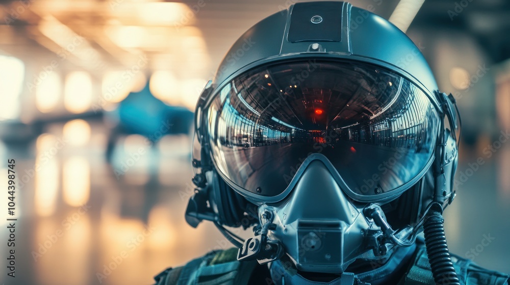 Fototapeta premium A close-up of a pilot wearing a helmet and visor in an aviation environment.