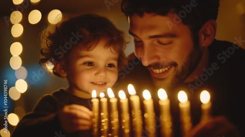 Father and young child lighting menorah candles for Hanukkah celebration photo