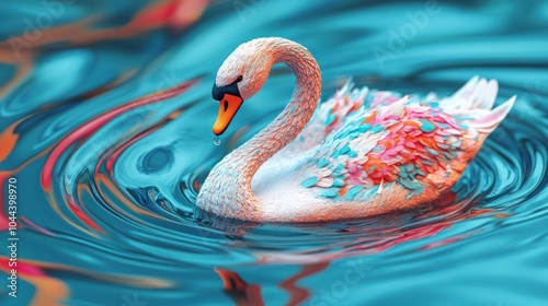 A colorful swan glides gracefully on vibrant, swirling water. photo