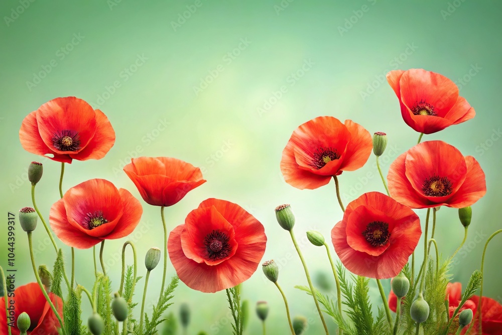 Obraz premium Red poppy flowers with blossoms on a pale green backdrop, symmetrical